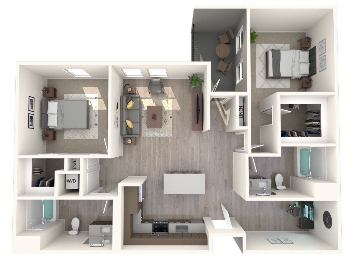 Floor plan for 2 beds, 2 baths, 1329 sqft